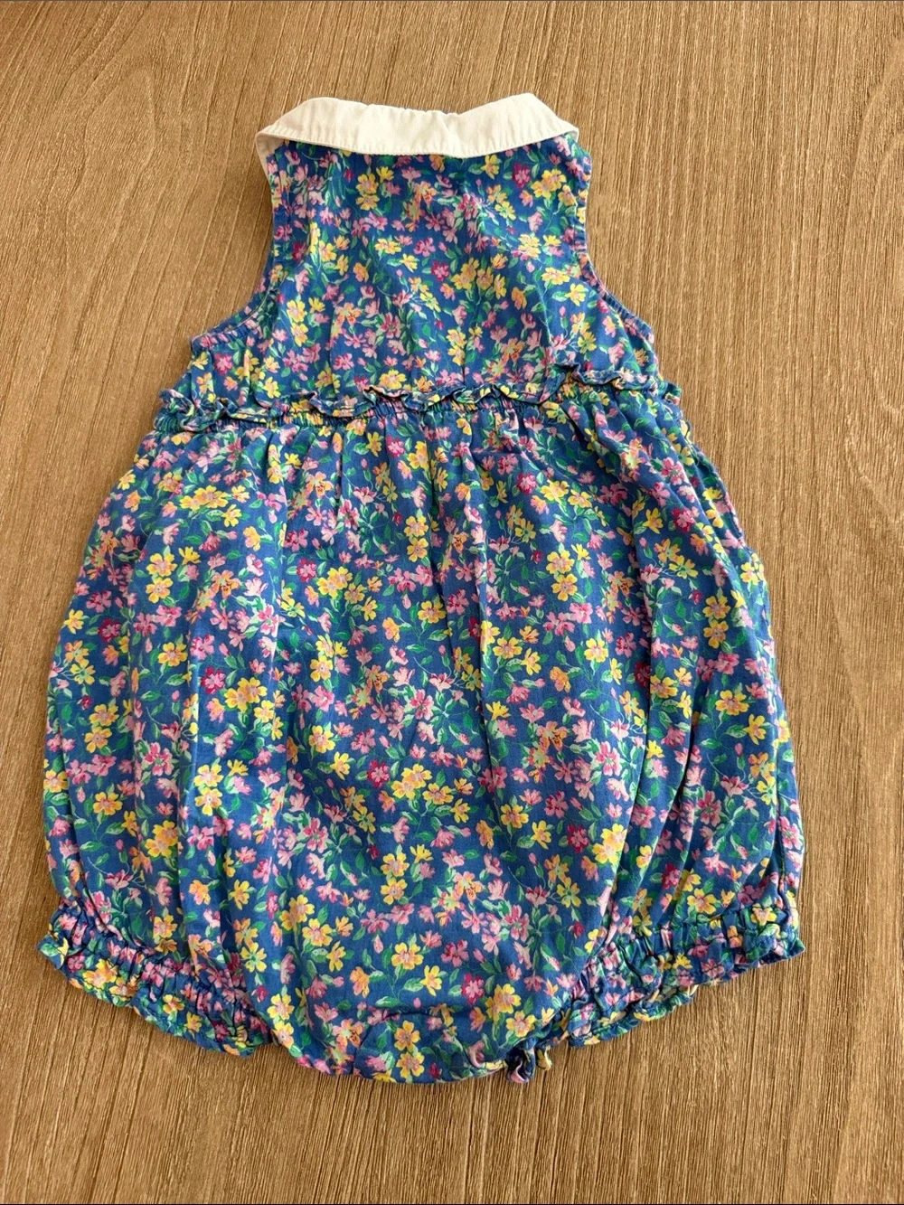 Ralph Lauren Blue Floral Baby Bubble Romper with White Peter Pan Collar